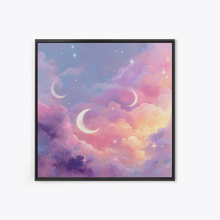 Pastel Crescent Moons In Dreamy Clouds Canvas Print, Celestial Wall Art, Whimsical Nursery Decor, Girls Room Decor, Space Art