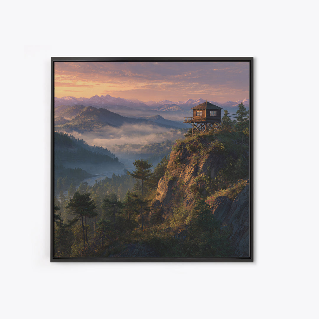 Mountain Fire Lookout Tower Sunrise Landscape Wall Art Misty Forest Painting Modern Home Decor Living Room Canvas Print
