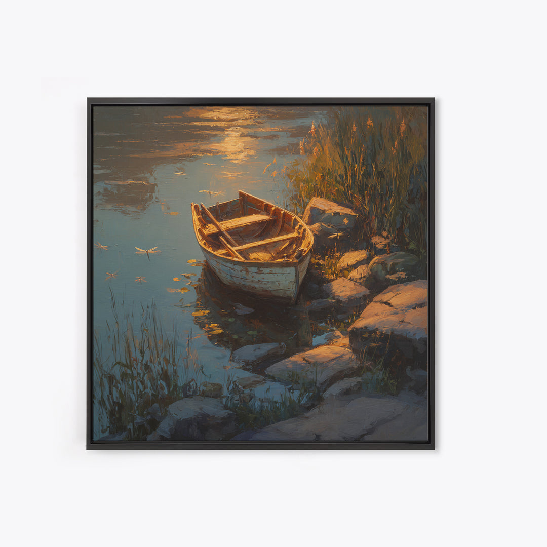 Rowboat On Golden Lake Wall Art, Tranquil Lakeside Landscape Canvas Print, Rustic Cabin Decor, Peaceful Nature Bedroom Wall Art