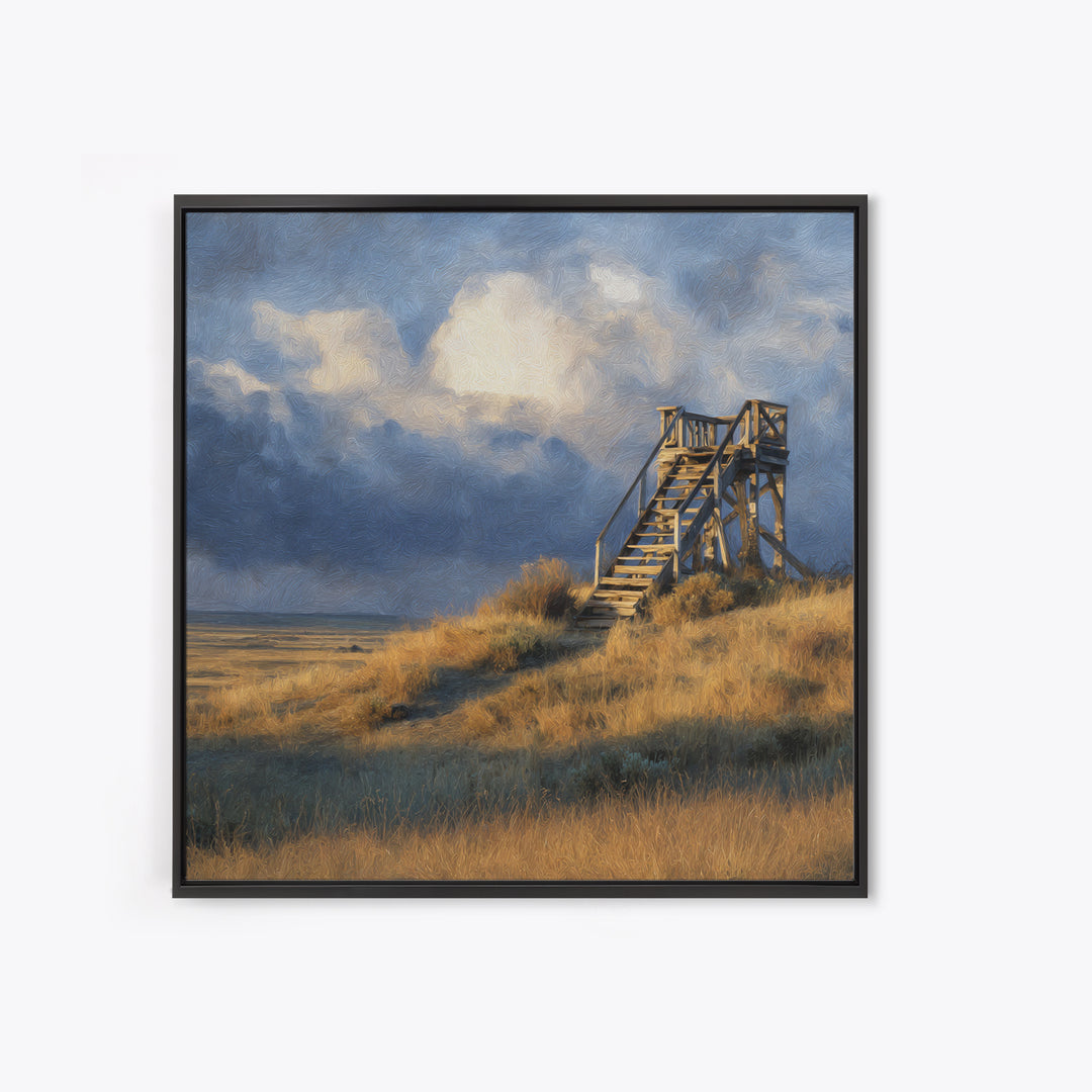 Windblown Dune Stairs Coastal Landscape Wall Art, Moody Beach House Decor Canvas Print