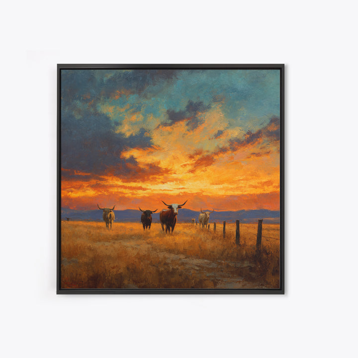 Longhorn Cattle At Sunset Western Landscape Wall Art, Rustic Ranch Canvas Print, Modern Cowboy Home Decor