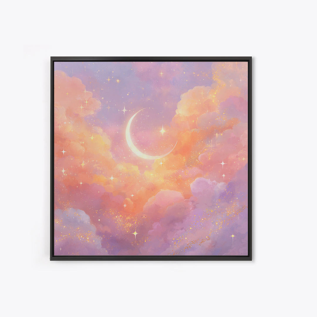 Glowing Crescent Moon Clouds Wall Art, Pastel Celestial Nursery Decor, Pink Bedroom Art, Dreamy Space Print, Girls Room Decor