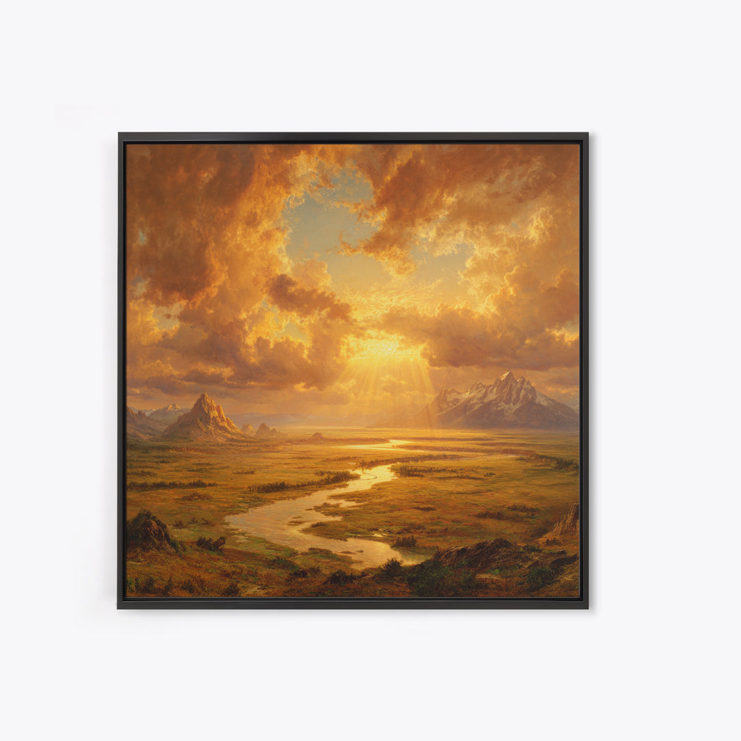 Golden Sunset River Valley Landscape Wall Art, Warm Mountain Print, Rustic Country Decor For Living Room Wall Art