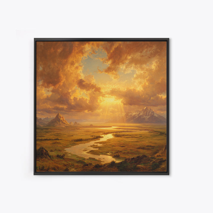 Golden Sunset River Valley Landscape Wall Art, Warm Mountain Print, Rustic Country Decor For Living Room Wall Art