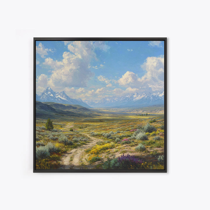 Wide Mountain Valley Wildflower Landscape Wall Art, Country Scenic Canvas Print For Rustic Farmhouse Decor