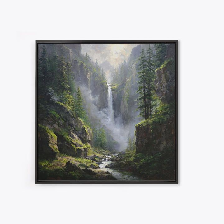 Majestic Mountain Waterfall Forest Landscape Wall Art, Serene Nature Canvas Print For Rustic Cabin Decor