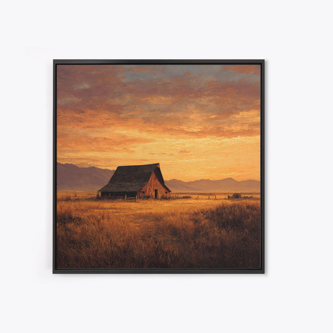 Rustic Barn At Sunset Landscape Wall Art, Country Farmhouse Painting, Warm Autumn Field Scene Large Framed Canvas Print