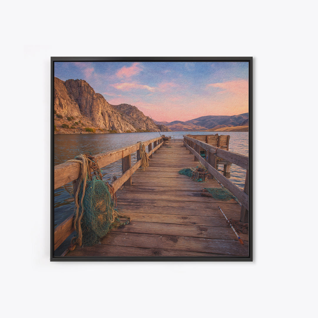 Rustic Fishing Pier At Sunset Canvas Print, Mountain Lake Landscape Wall Art, Cozy Cabin Decor For Lake House Or Living Room