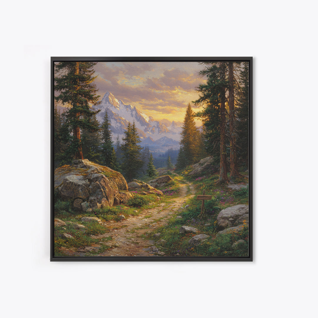 Mountain Forest Path At Sunset Wall Art, Tranquil Landscape Canvas Print For Rustic Cabin Or Living Room Home Decor