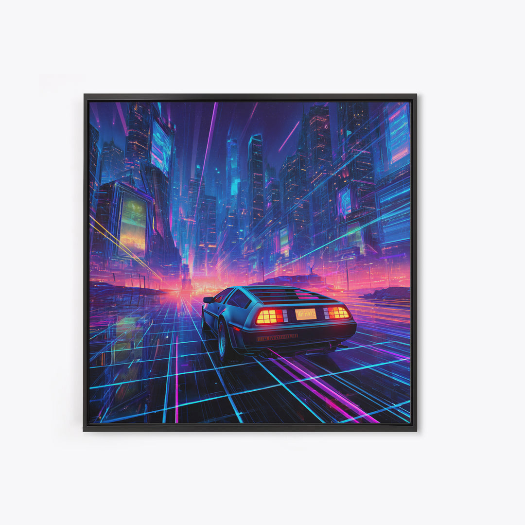 Retro Futuristic Car In Neon Cityscape Wall Art, Cyberpunk Sci Fi Canvas Print, Gaming Room Decor Modern Art