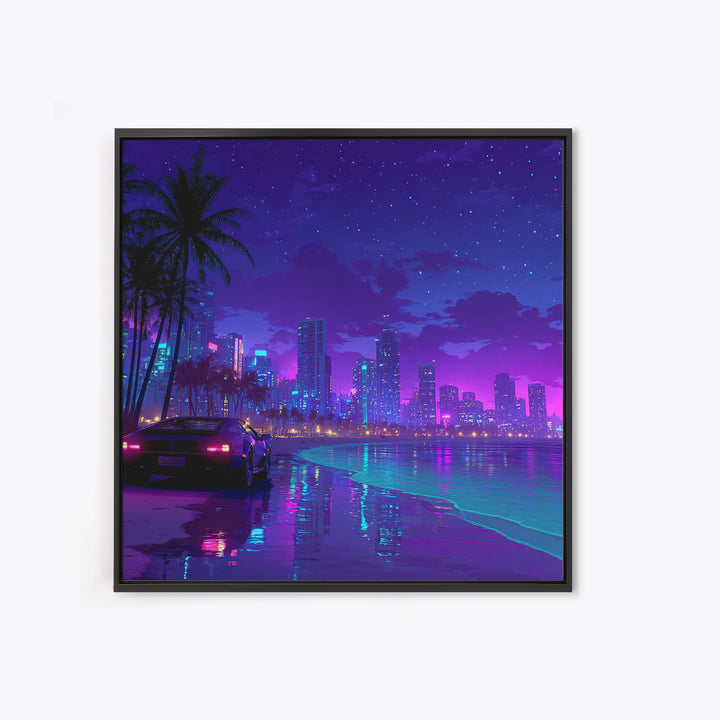 Neon Miami Night Cityscape Wall Art, Retro Futuristic Car On Beach, Cyberpunk Ocean Art, Gaming Room Decor Canvas Print