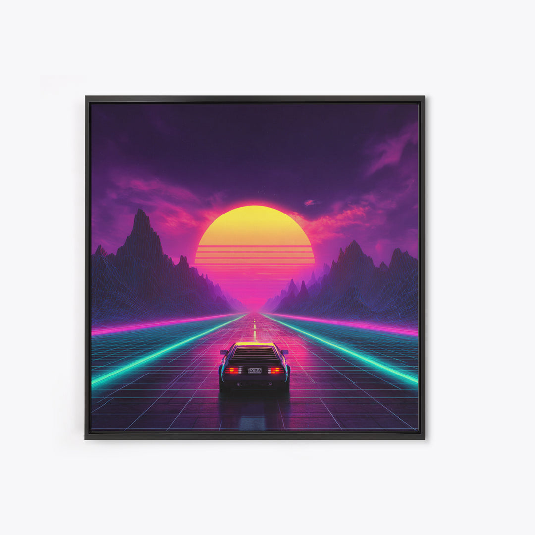 Retro Synthwave Sunset Highway Wall Art, Neon Car Landscape Canvas Print, Cyberpunk Futuristic Decor, Gaming Room Wall Art