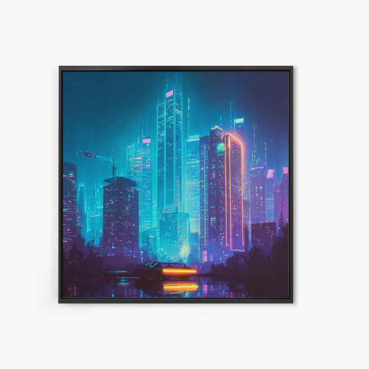Cyberpunk Neon Cityscape At Night Wall Art, Futuristic Skyline Canvas Print, Retro Wave Room Decor, Gaming Home Decor