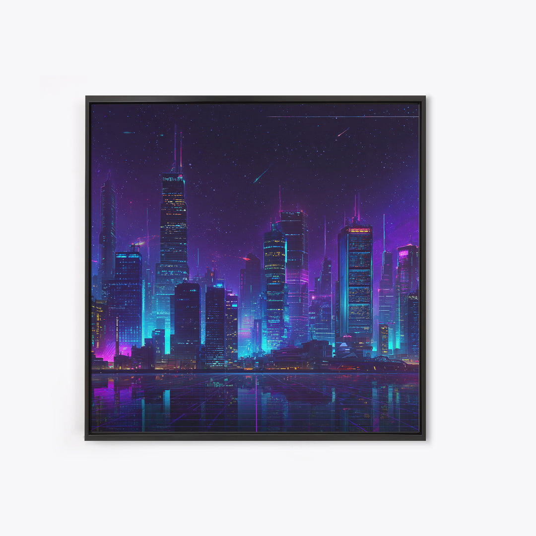 Neon Cyberpunk City Skyline Wall Art, Futuristic Nightscape Canvas Print, Sci Fi Gaming Room Decor, Vaporwave Wall Art