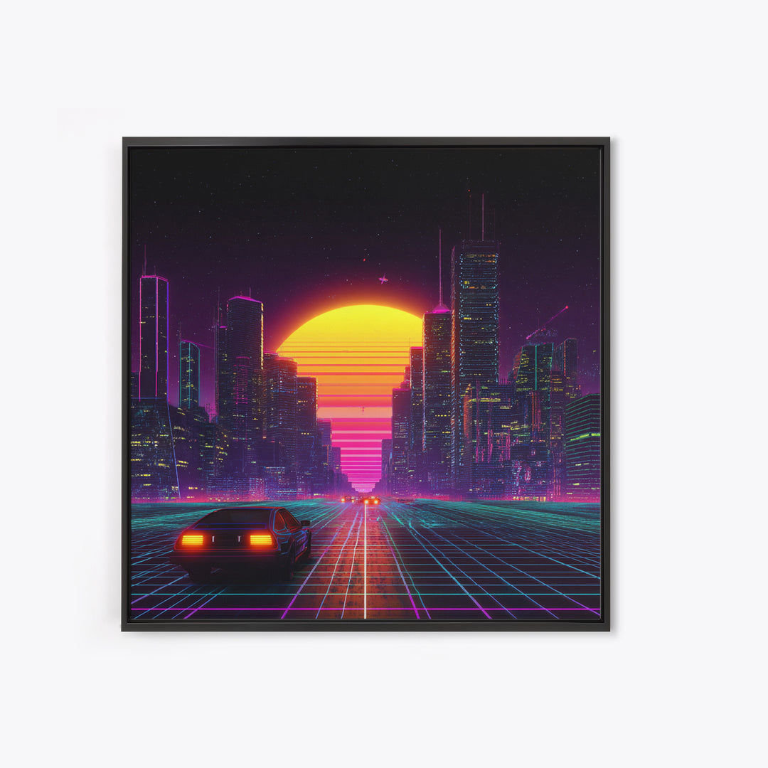 Retro Futuristic City Neon Sunset Car Driving 80s Vaporwave Wall Art Canvas Print Cyberpunk Decor Gaming Room Wall Art