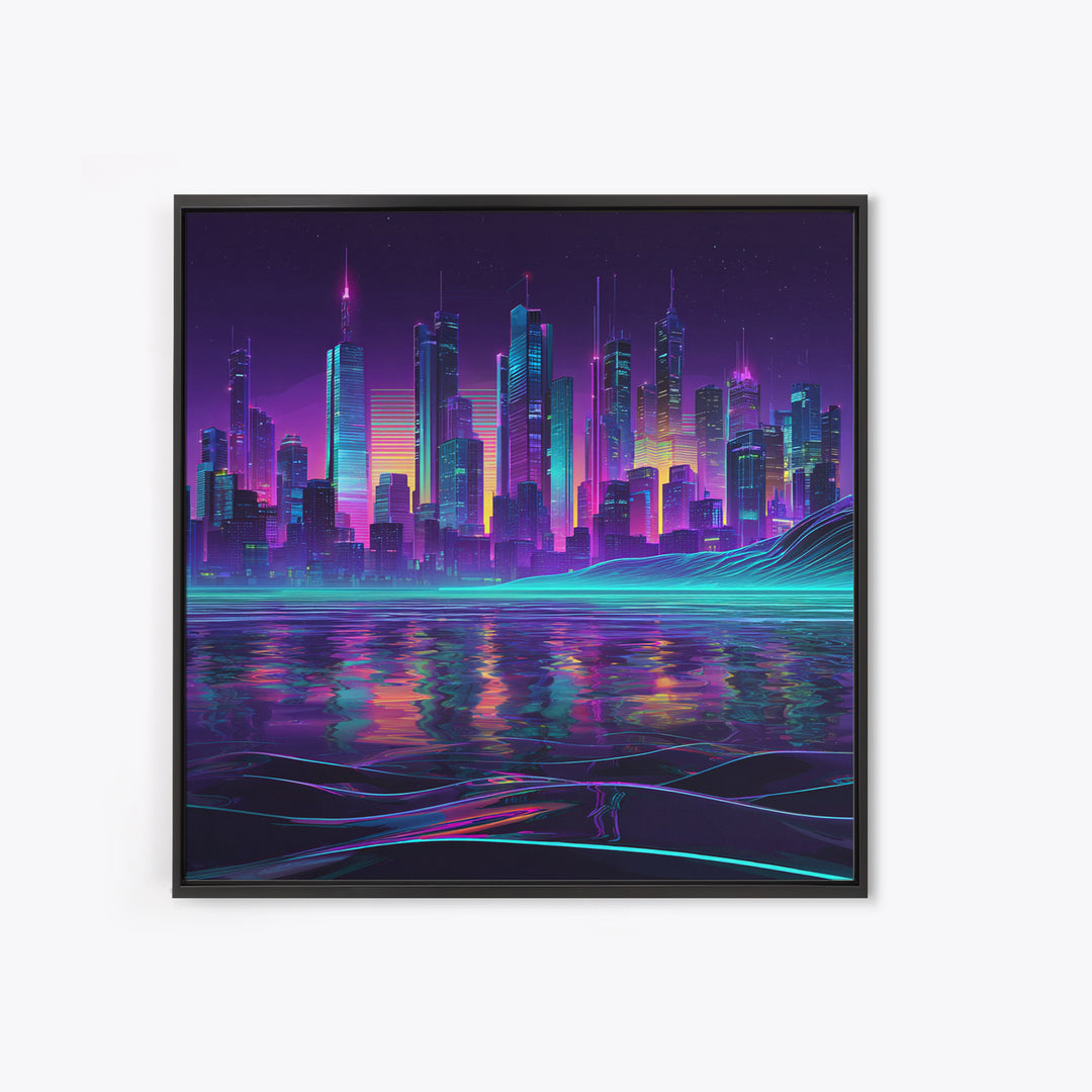 Neon Futuristic City Skyline At Night Wall Art Cyberpunk Landscape Canvas Print Modern Urban Home Decor Gaming Room Artwork