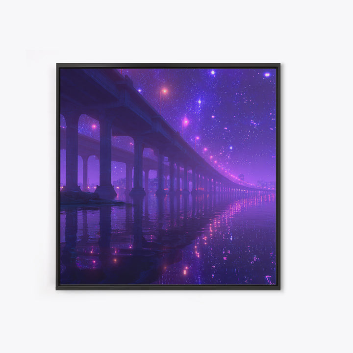 Neon Bridge At Night Over Water Wall Art, Dreamy Purple Cityscape Print, Modern Coastal Home Decor Canvas Print