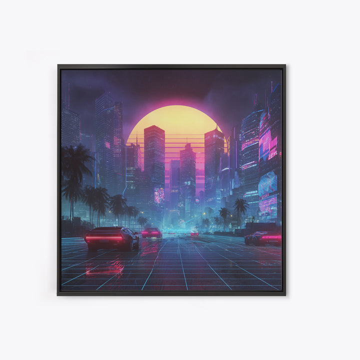 Neon Cyberpunk Cityscape With Retro Cars Wall Art Canvas Print, Futuristic Sci Fi Gaming Room Decor Modern Urban Art