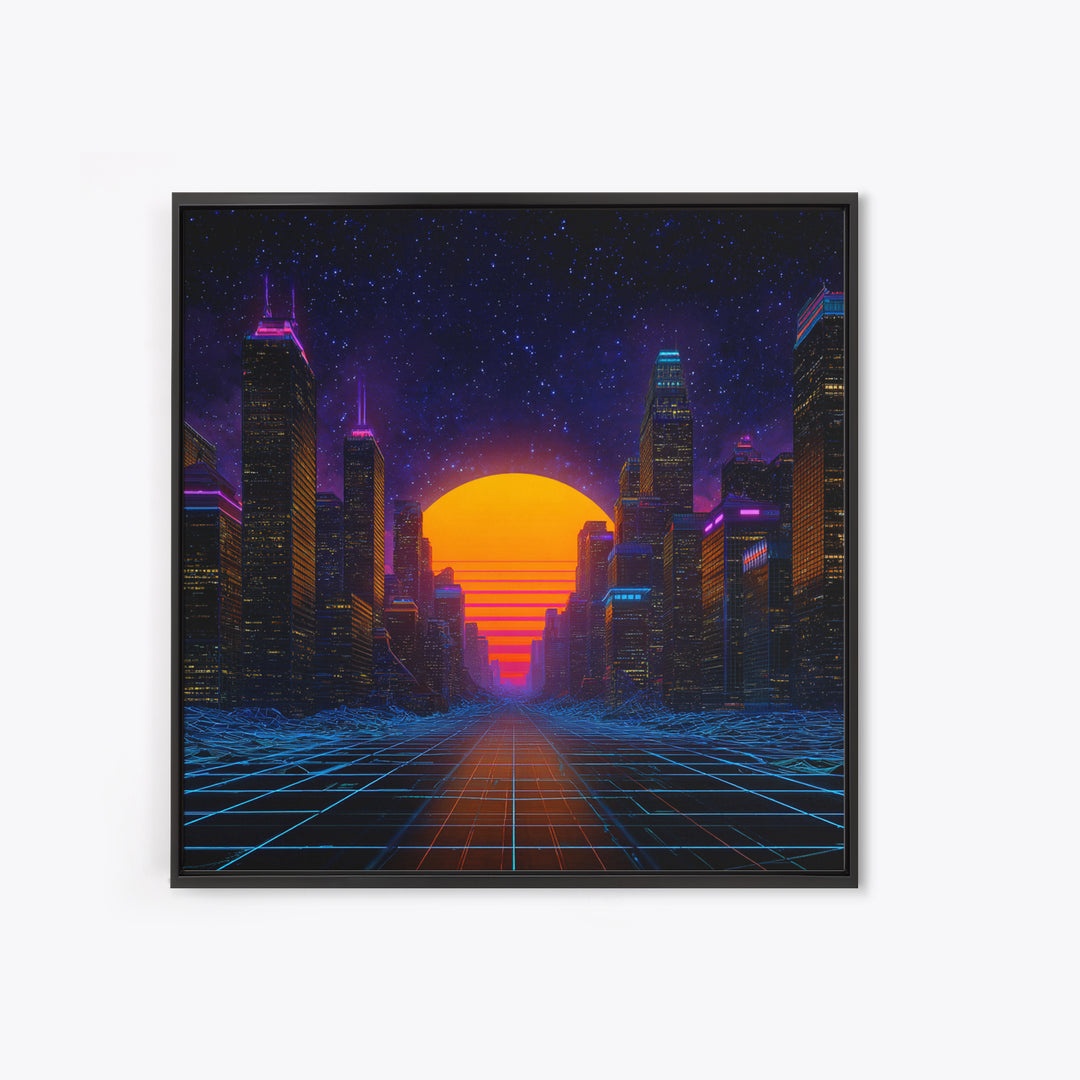 Neon City Sunset Retro Futuristic Wall Art, Cyberpunk Skyline Print, Synthwave Gaming Room Decor, Vibrant Sci Fi Living Room Wall Art