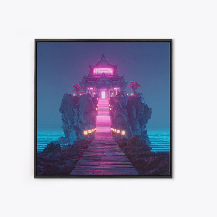 Neon Temple On Ocean Cliff Wall Art, Futuristic Fantasy Landscape Print, Surreal Zen Decor, Modern Home Decor Canvas Print