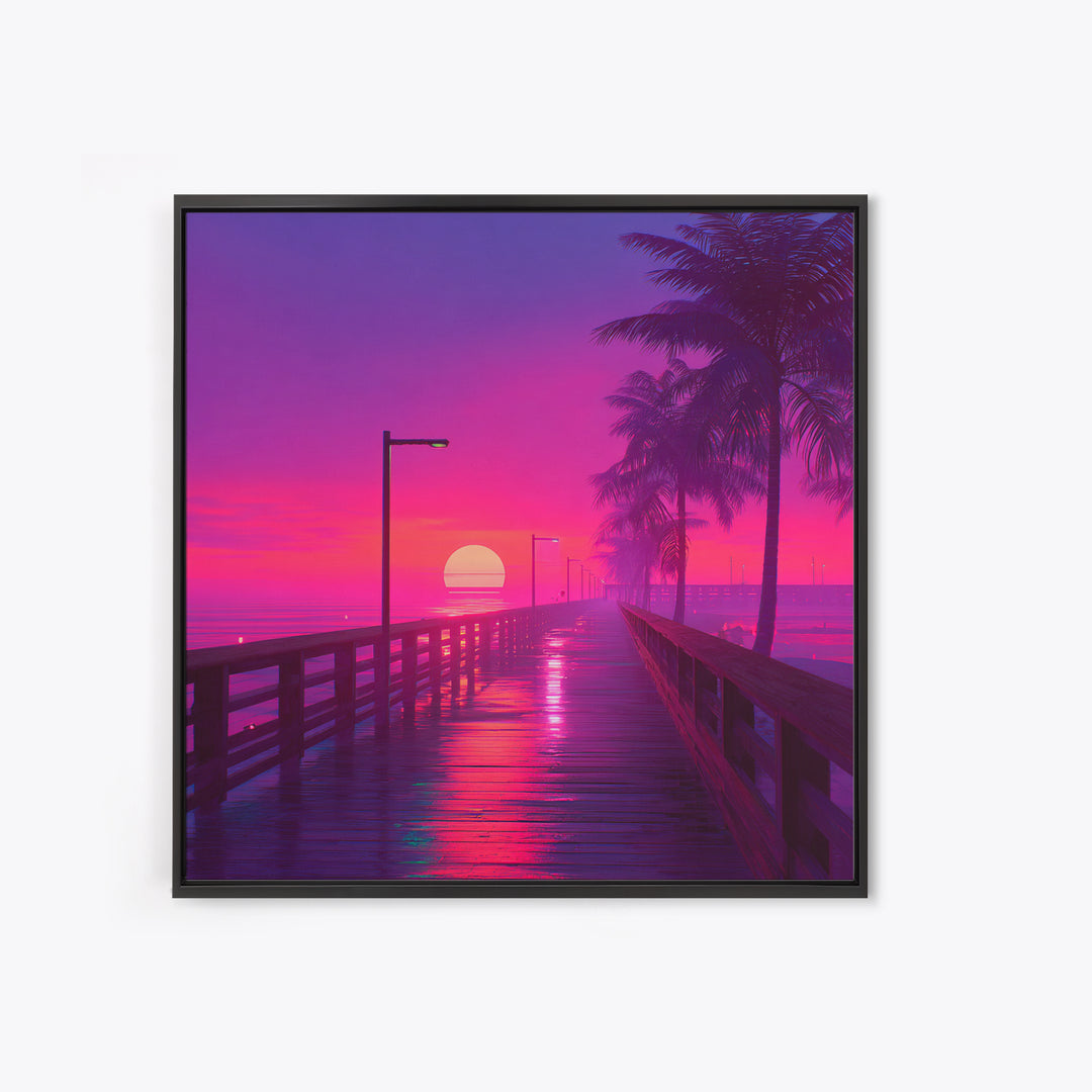 Neon Pier At Sunset With Palm Trees Wall Art, Vibrant Coastal Landscape Print, Retro Beach Home Decor Canvas Print