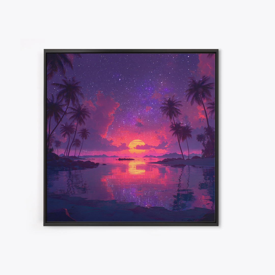 Starlit Tropical Lagoon Sunset Wall Art, Dreamy Pink Purple Coastal Landscape, Romantic Beach Canvas Print For Bedroom
