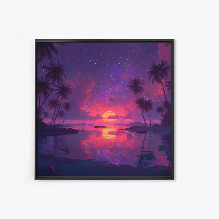 Starlit Tropical Lagoon Sunset Wall Art, Dreamy Pink Purple Coastal Landscape, Romantic Beach Canvas Print For Bedroom