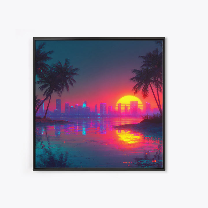 Retro Neon Beach Sunset City Skyline Wall Art Vaporwave Aesthetic Canvas Print Modern Coastal Wall Art Decor