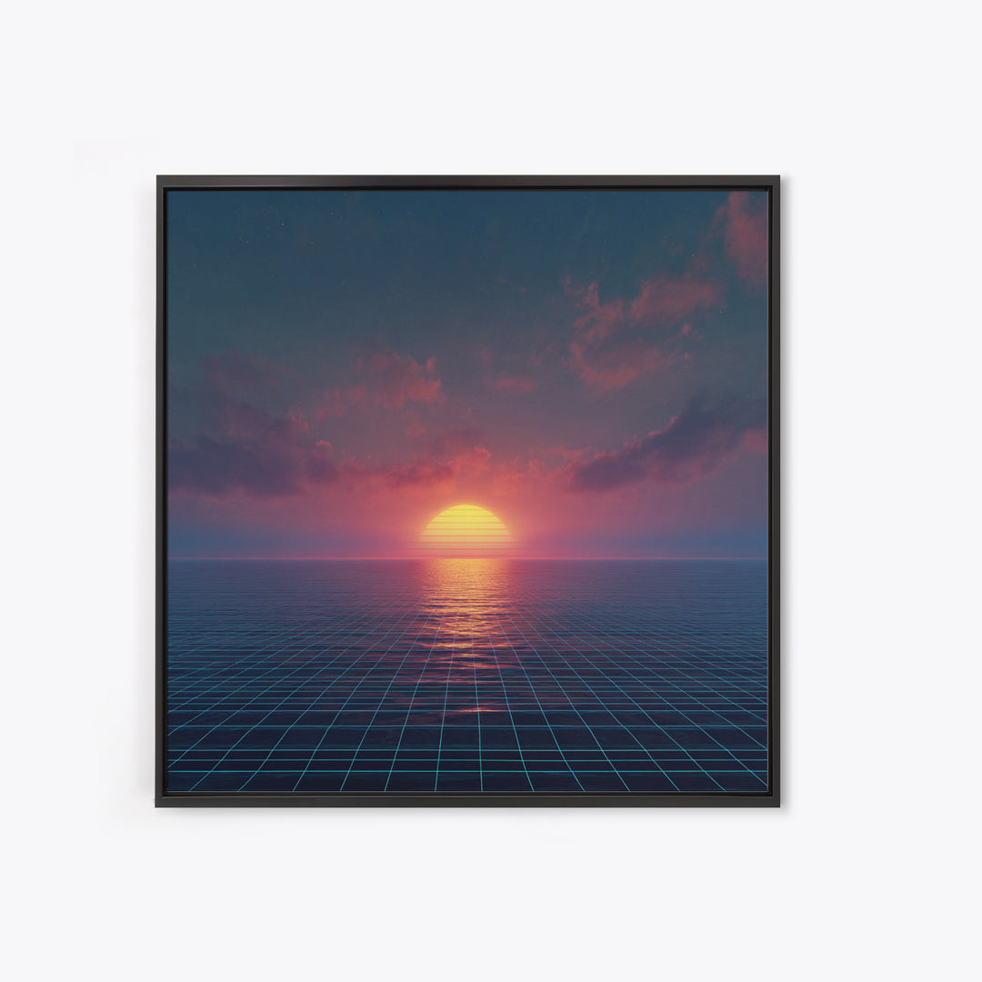 Neon Ocean Horizon Sunset Canvas Print, Retro Grid Seascape Wall Art, Futuristic Coastal Decor, Synthwave Bedroom Or Gaming Room Art