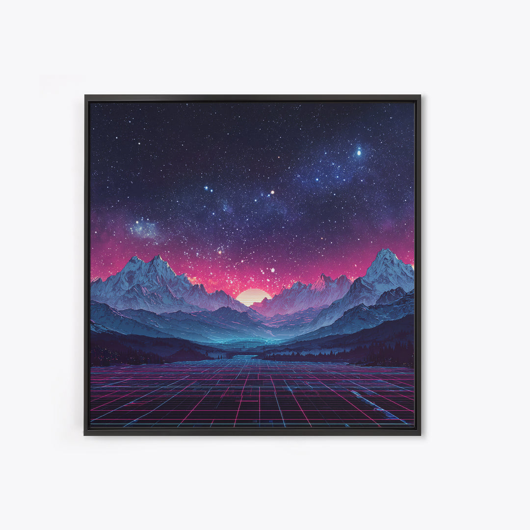 Neon Retro Mountains At Night Wall Art, Synthwave Landscape Print, Futuristic Gaming Room Decor, Vaporwave Aesthetic Wall Art
