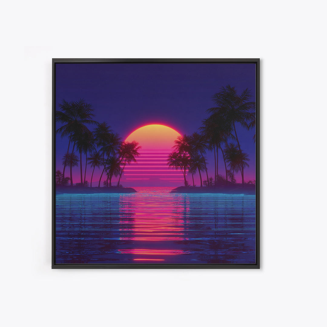 Retro Neon Island Sunset Wall Art, Synthwave Palm Tree Canvas Print, Vaporwave City Beach Decor, Futuristic Coastal Art