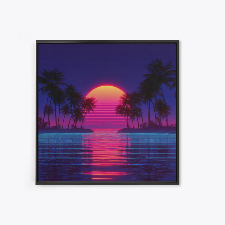 Retro Neon Island Sunset Wall Art, Synthwave Palm Tree Canvas Print, Vaporwave City Beach Decor, Futuristic Coastal Art