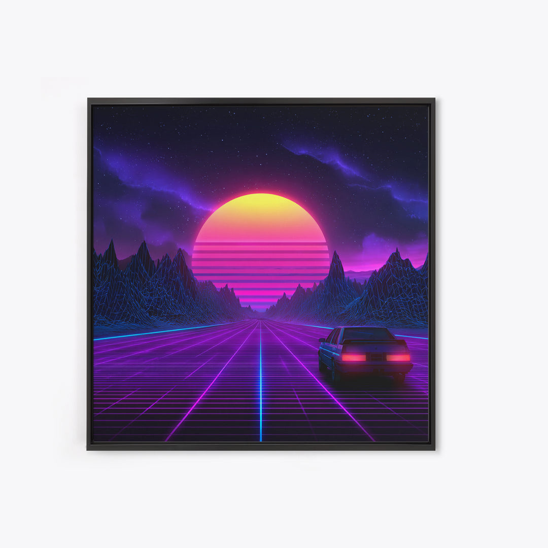 Neon Retro Highway Vaporwave Landscape Wall Art Canvas Print, Futuristic Sci Fi Gaming Room Decor Modern Abstract Art