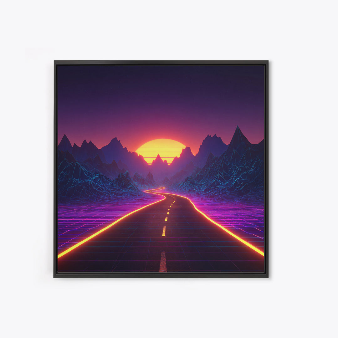 Retro Futuristic Neon Road Wall Art, Synthwave Landscape Poster, Gaming Room Decor, Vibrant 80s Style Canvas Print