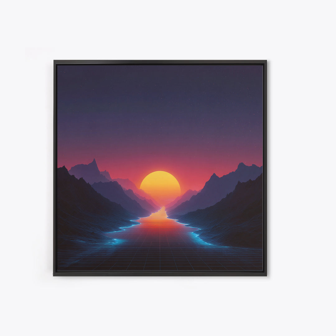 Retro Synthwave Sunset Over Neon River Wall Art, Futuristic 80s Vaporwave Landscape Canvas Print For Gaming Room