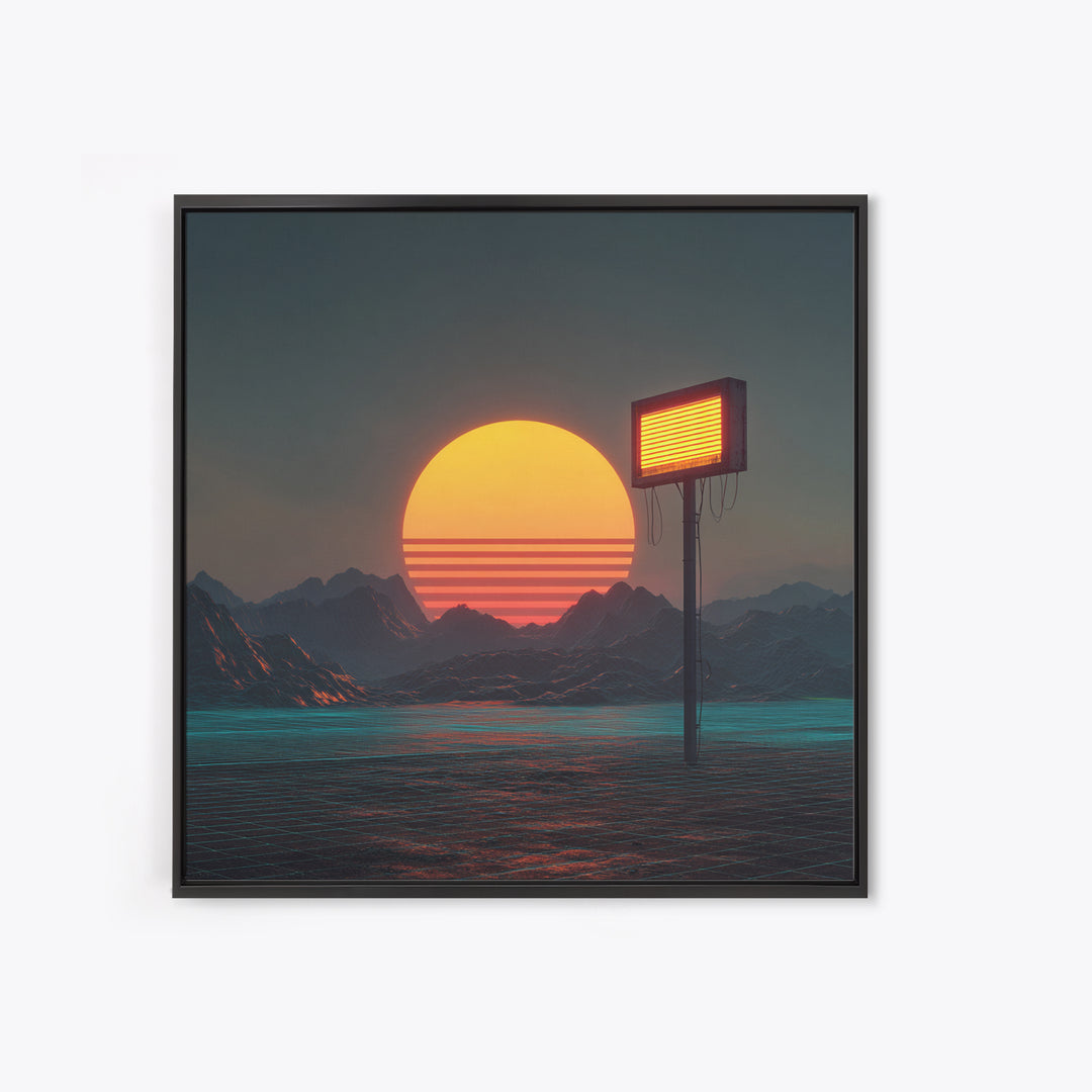Futuristic Neon Sun Over Sci Fi Mountains Wall Art, Cyberpunk Landscape Home Decor, Retro Synthwave Canvas Print