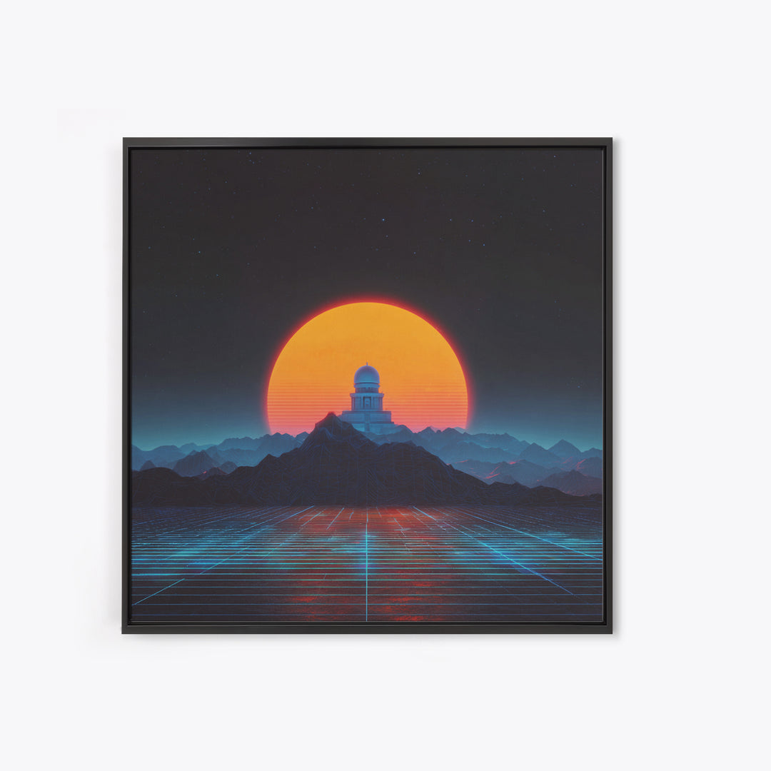 Sci Fi Observatory Sunset Landscape Wall Art, Retro Futuristic Mountains, Neon Synthwave Canvas Print Decor