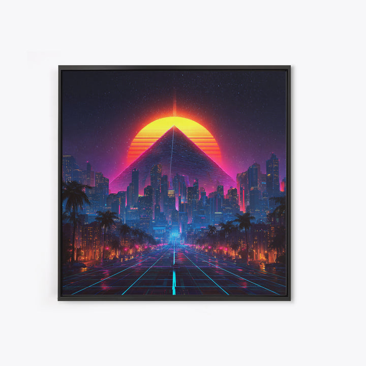 Retro Futuristic Neon City Pyramid Wall Art, Cyberpunk Sunset Canvas Print, Synthwave Gaming Room Decor, Sci Fi Art
