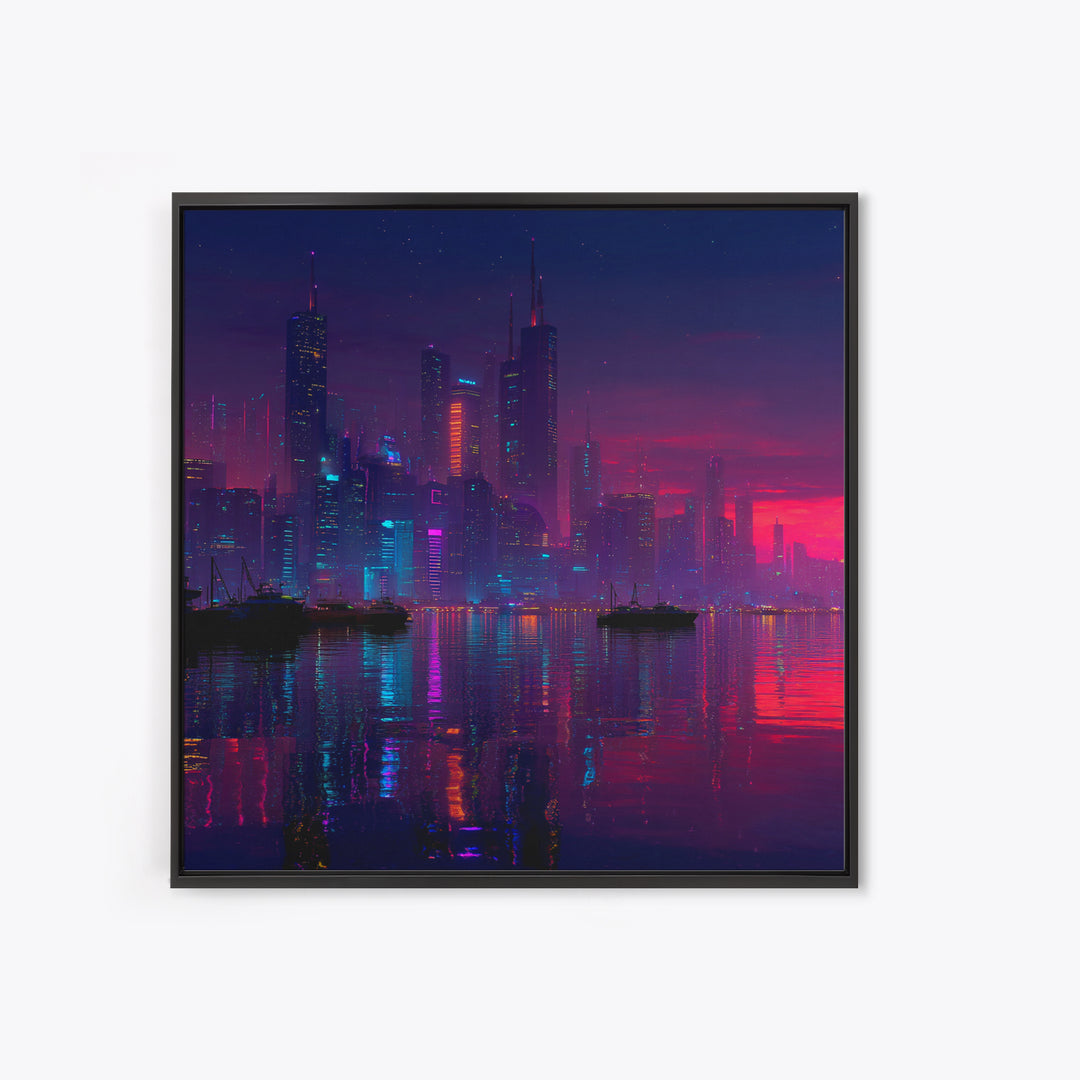 Cyberpunk Neon City Skyline Wall Art, Futuristic Night Harbor Canvas Print, Sci Fi Cityscape Decor, Gaming Room Modern Wall Art
