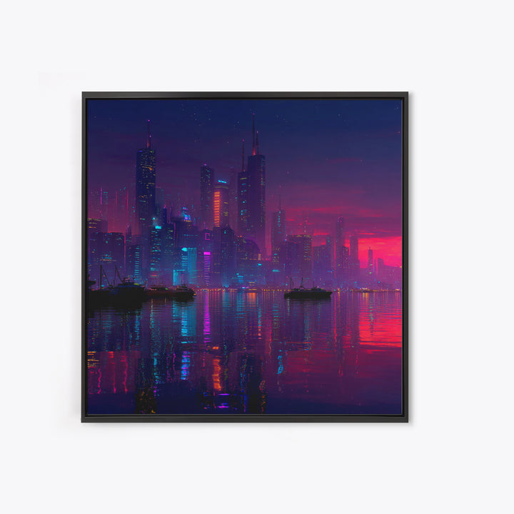 Cyberpunk Neon City Skyline Wall Art, Futuristic Night Harbor Canvas Print, Sci Fi Cityscape Decor, Gaming Room Modern Wall Art