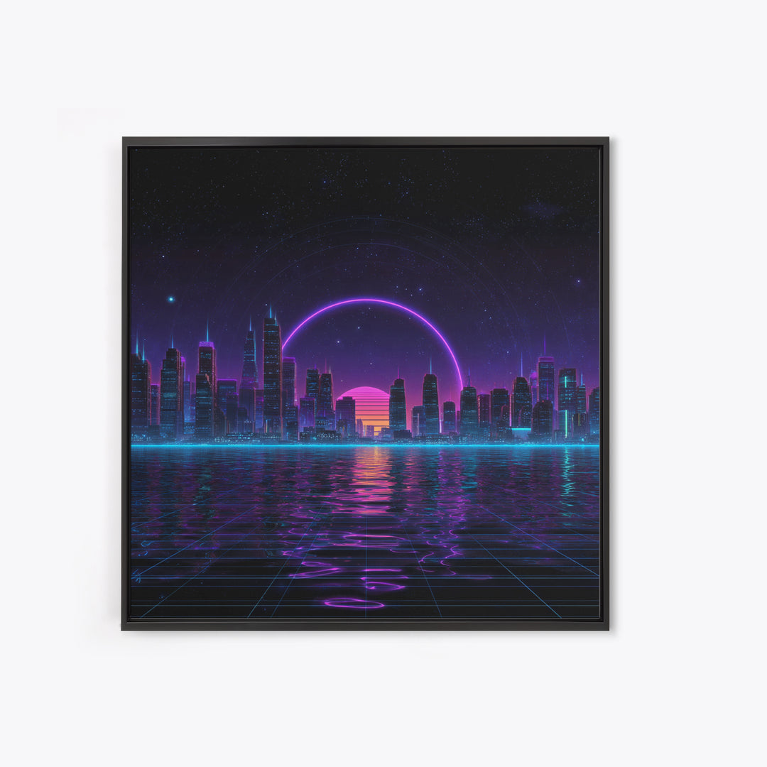 Neon City Skyline Over Water Retro Futuristic Wall Art Vaporwave Cityscape Canvas Print Gaming Room Decor