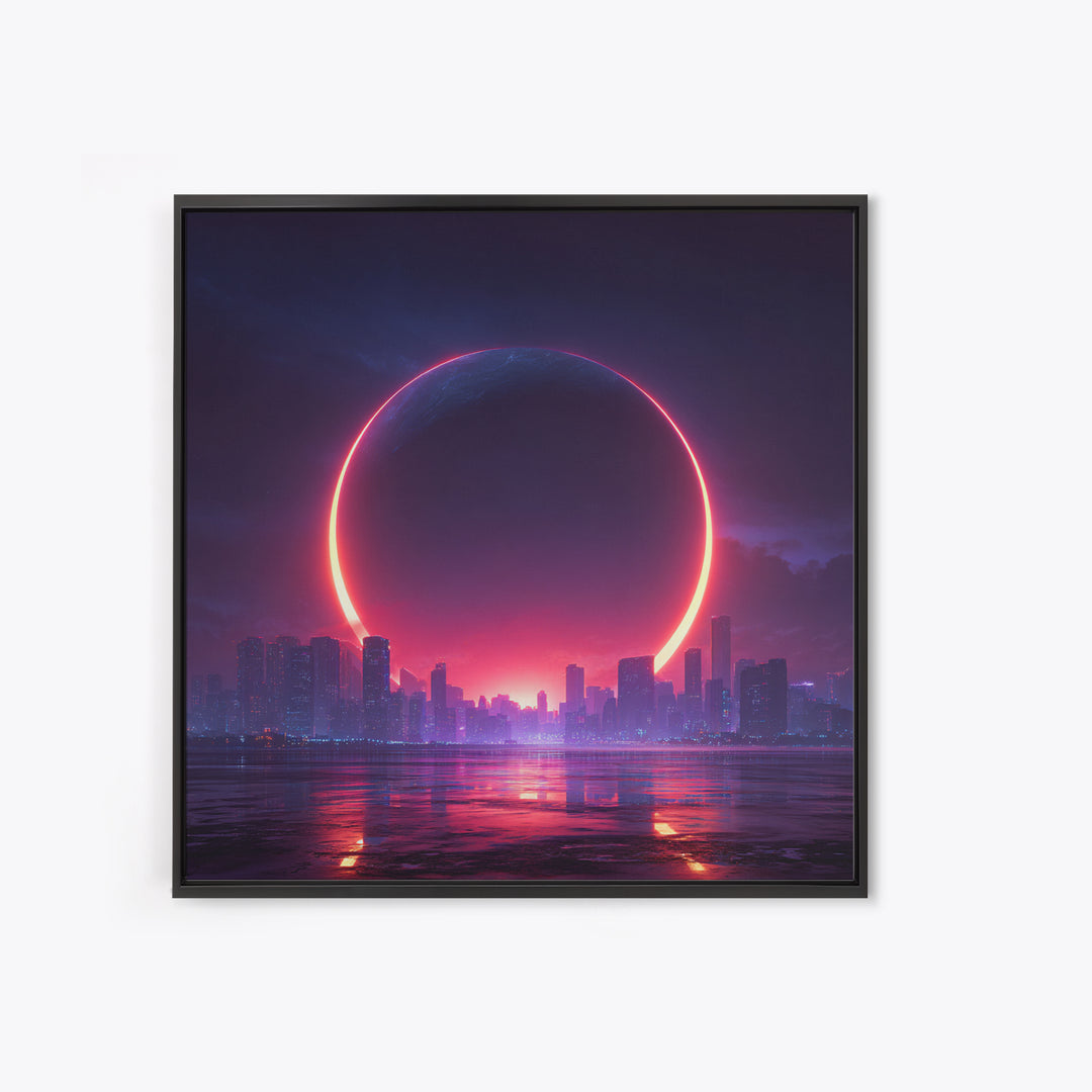 Futuristic Eclipse Cityscape Canvas Print, Neon Sci Fi Wall Art, Cyberpunk Skyline Decor For Gaming Room Or Modern Office