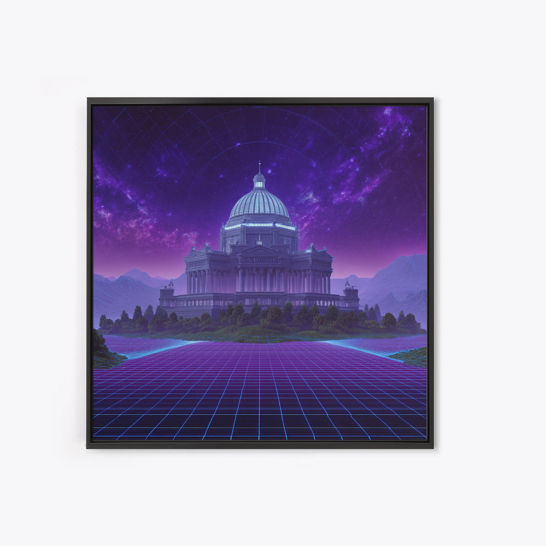 Retro Futuristic Palace Under Stars Wall Art, Neon Sci Fi Cityscape Canvas Print, Cyberpunk Gaming Room Decor