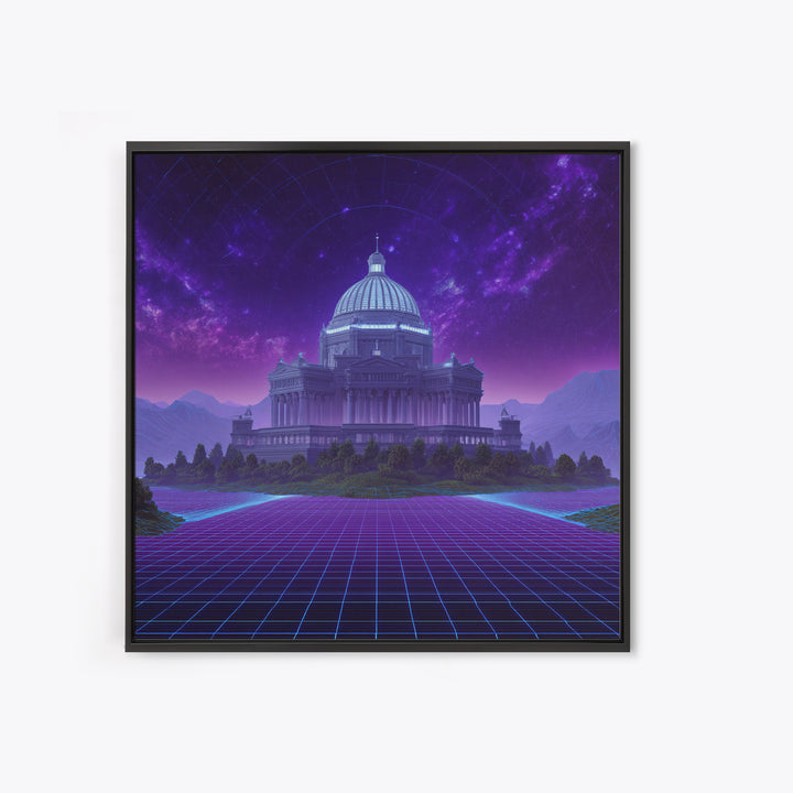 Retro Futuristic Palace Under Stars Wall Art, Neon Sci Fi Cityscape Canvas Print, Cyberpunk Gaming Room Decor