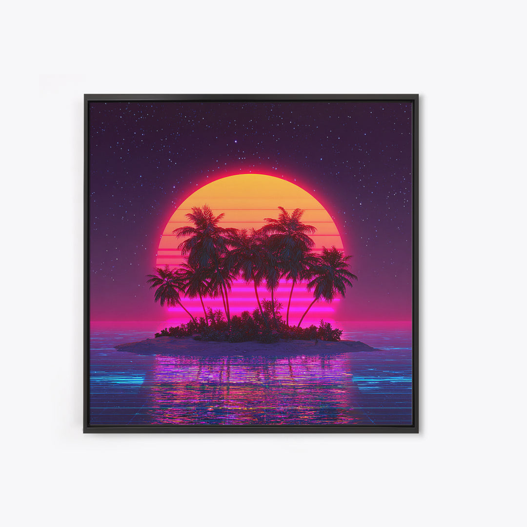 Retro Vaporwave Palm Island Wall Art, Neon Ocean Sunset Canvas Print, Aesthetic 80s Coastal Decor, Gaming Room Modern Wall Art