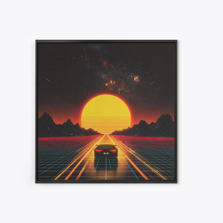 Retro Futuristic Car Road To Giant Neon Sun Wall Art, Synthwave Grid Landscape Canvas Print