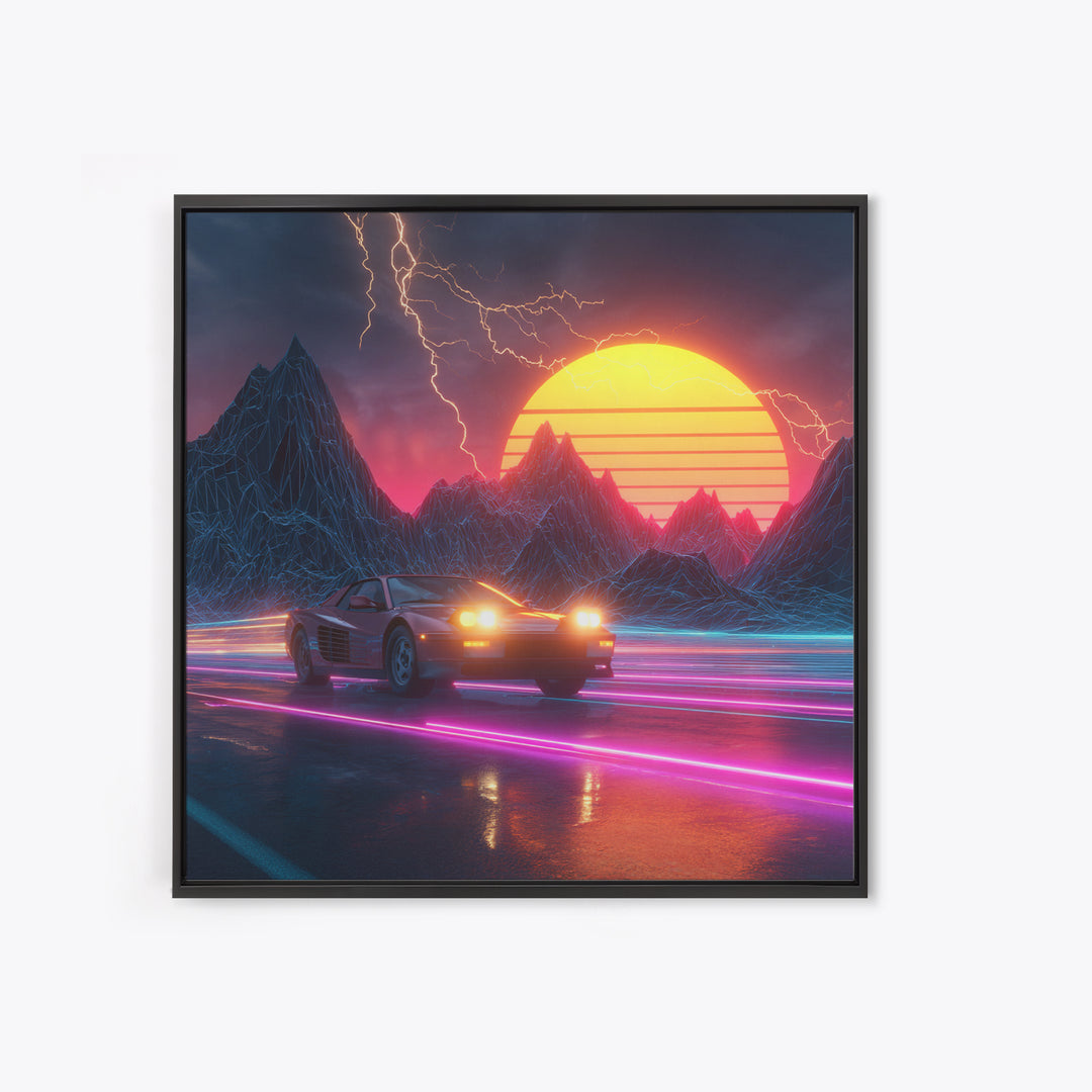Retro Sports Car In Neon Sunset Mountains Wall Art, Cyberpunk Cityscape Canvas Print, Futuristic Gaming Room Decor