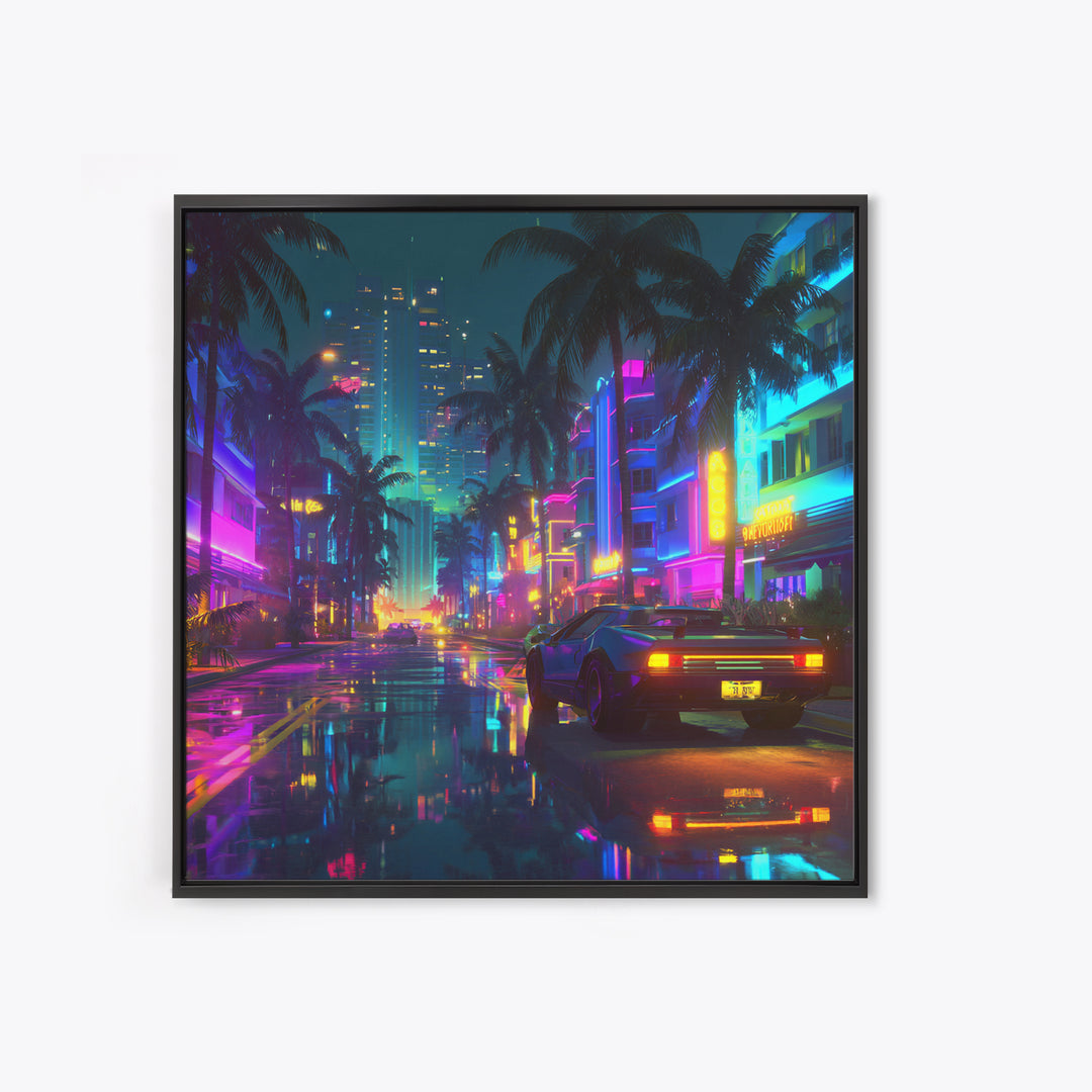 Neon Retro Futuristic City Street Wall Art, Cyberpunk Car Night Cityscape Print, Gaming Room Decor Canvas Print