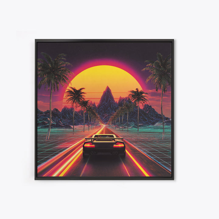 Retro Synthwave Sunset Car Wall Art Canvas Print, Neon Cityscape Art, 80s Vaporwave Decor, Gaming Room Wall Art