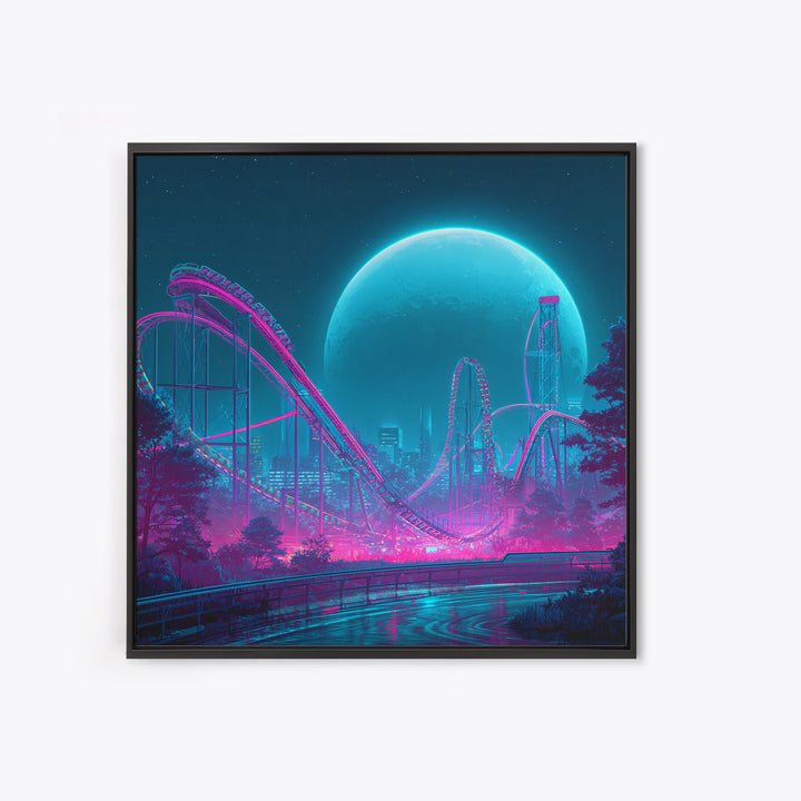 Neon Roller Coaster Under Full Moon Wall Art, Futuristic Night Amusement Park Canvas Print, Cyberpunk Gaming Decor